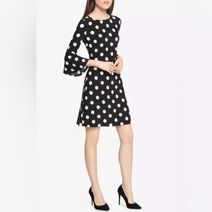 Tommy Hilfiger Black and White Polka Dot Dress Bell Sleeves Zipper in back